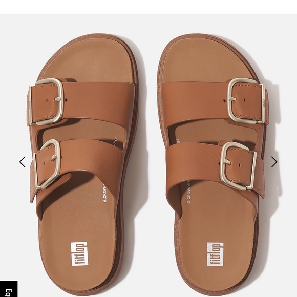 Fitflop Shoes - Fitflop GEN-FF Buckle Two-Bar Leather Slides Tan Leather Footwear